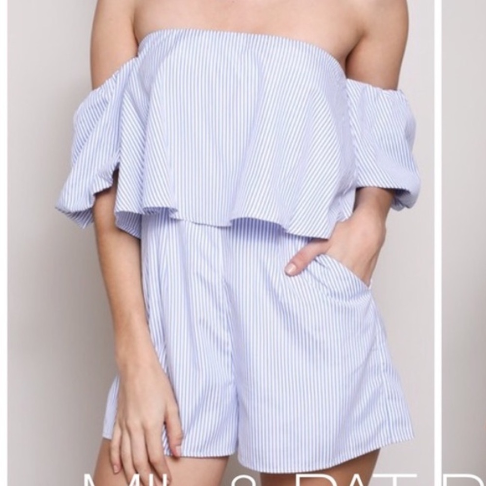 Pinstripe Off The Shoulder Romper 🩵